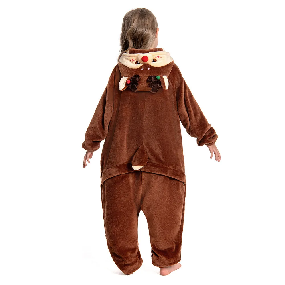 OLAOLA Kids Reindeer Animal Onesie Christmas Plush Soft Flannel Warm Home Pajamas One-Piece Sleepwear