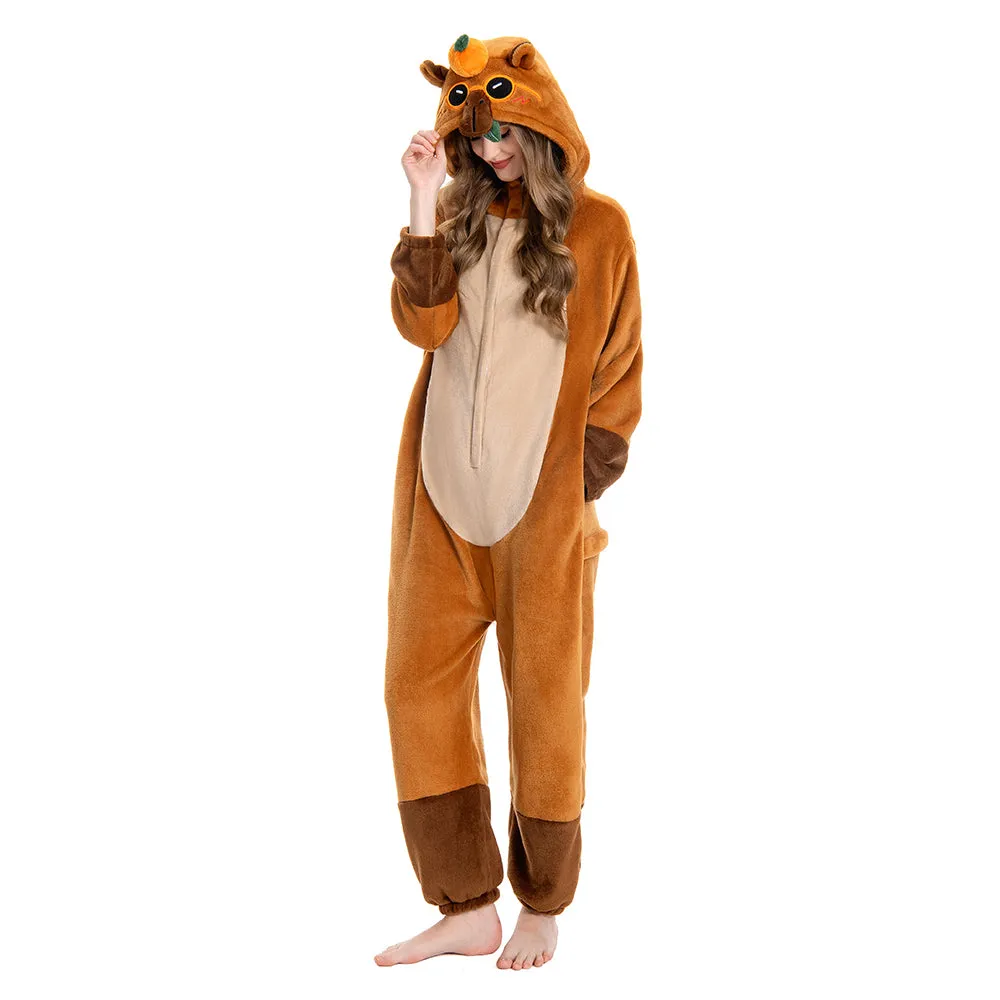 OLAOLA Unisex Adult Plush Capybara Animals Onesie Pajamas Warm Home One-Piece Sleepwear