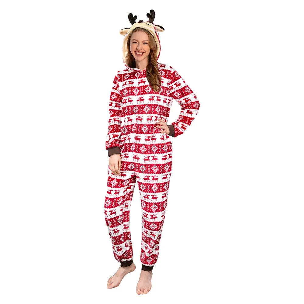 OLAOLA Unisex Adult Printed Christmas Elk Plush Onesie Pajamas Warm Home Sleepwear