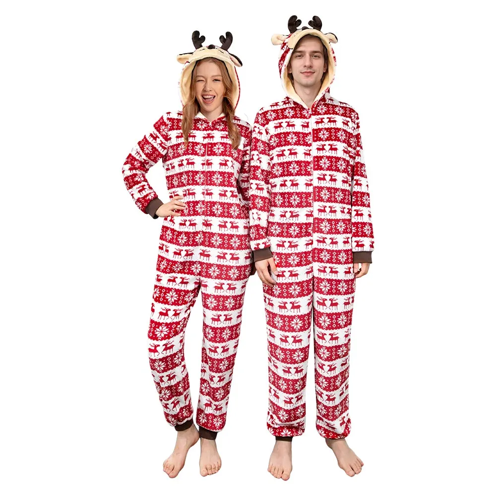 OLAOLA Unisex Adult Printed Christmas Elk Plush Onesie Pajamas Warm Home Sleepwear