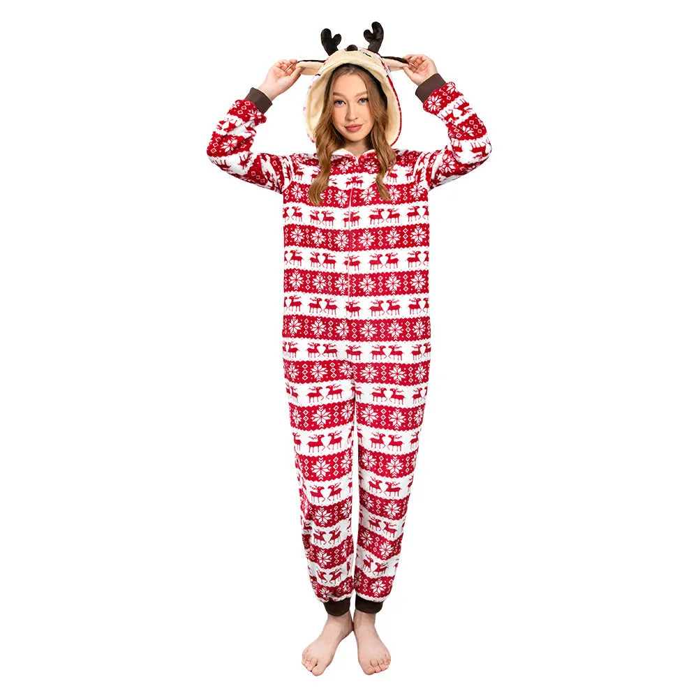 OLAOLA Unisex Adult Printed Christmas Elk Plush Onesie Pajamas Warm Home Sleepwear