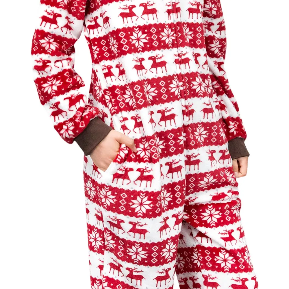 OLAOLA Unisex Adult Printed Christmas Elk Plush Onesie Pajamas Warm Home Sleepwear