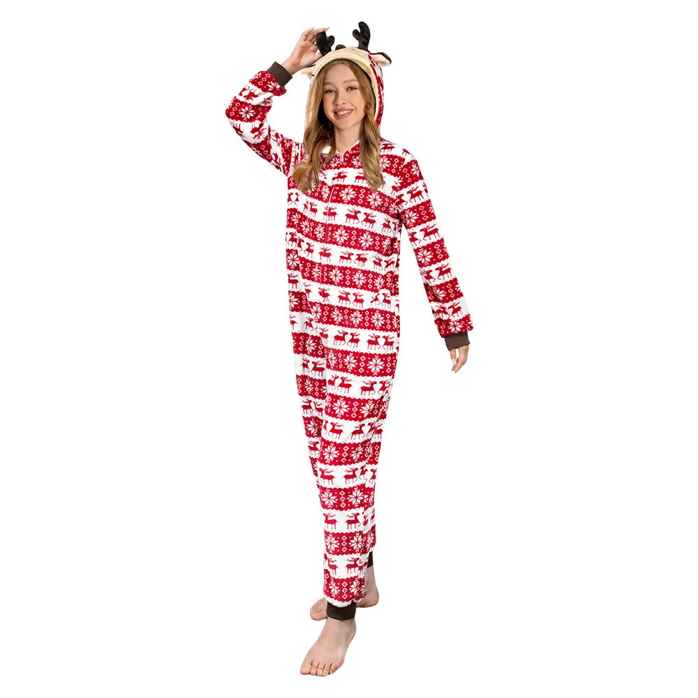 OLAOLA Unisex Adult Printed Christmas Elk Plush Onesie Pajamas Warm Home Sleepwear