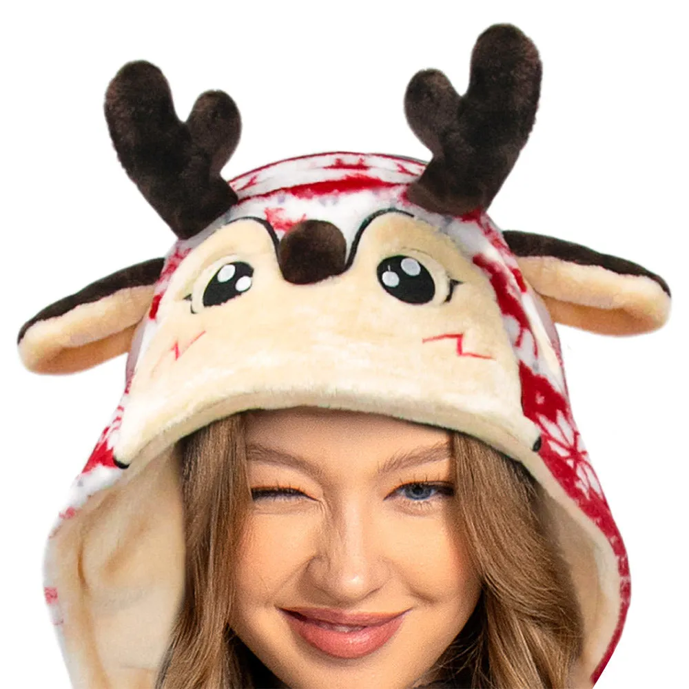 OLAOLA Unisex Adult Printed Christmas Elk Plush Onesie Pajamas Warm Home Sleepwear