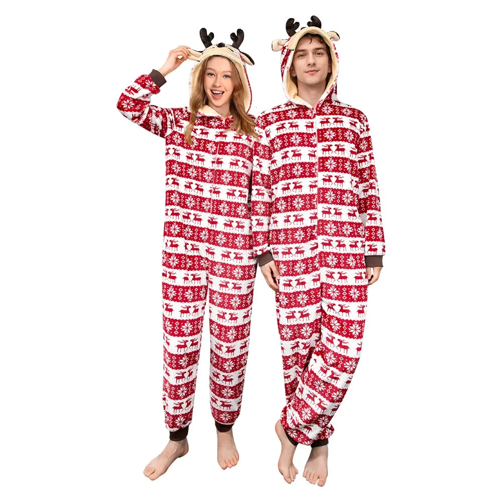 OLAOLA Unisex Adult Printed Christmas Elk Plush Onesie Pajamas Warm Home Sleepwear