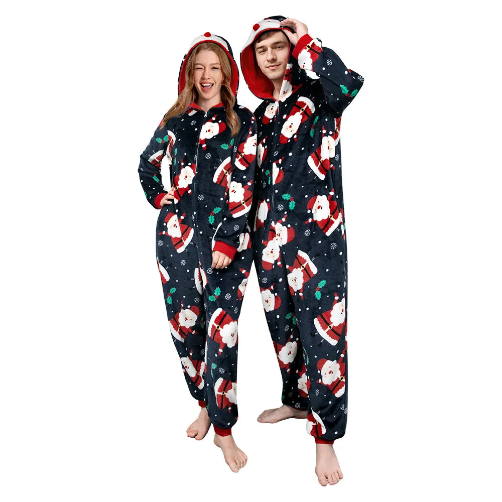 OLAOLA Unisex Adult Printed Santa Claus Christmas Plush Onesie Pajamas Warm Home Sleepwear