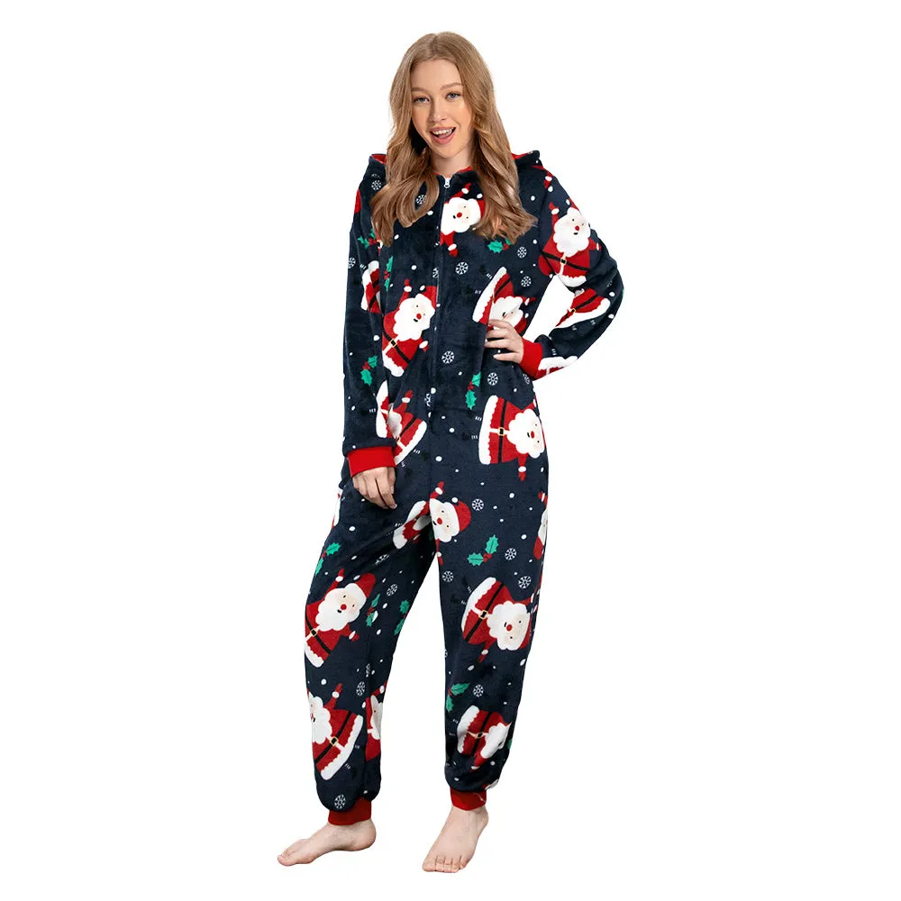 OLAOLA Unisex Adult Printed Santa Claus Christmas Plush Onesie Pajamas Warm Home Sleepwear