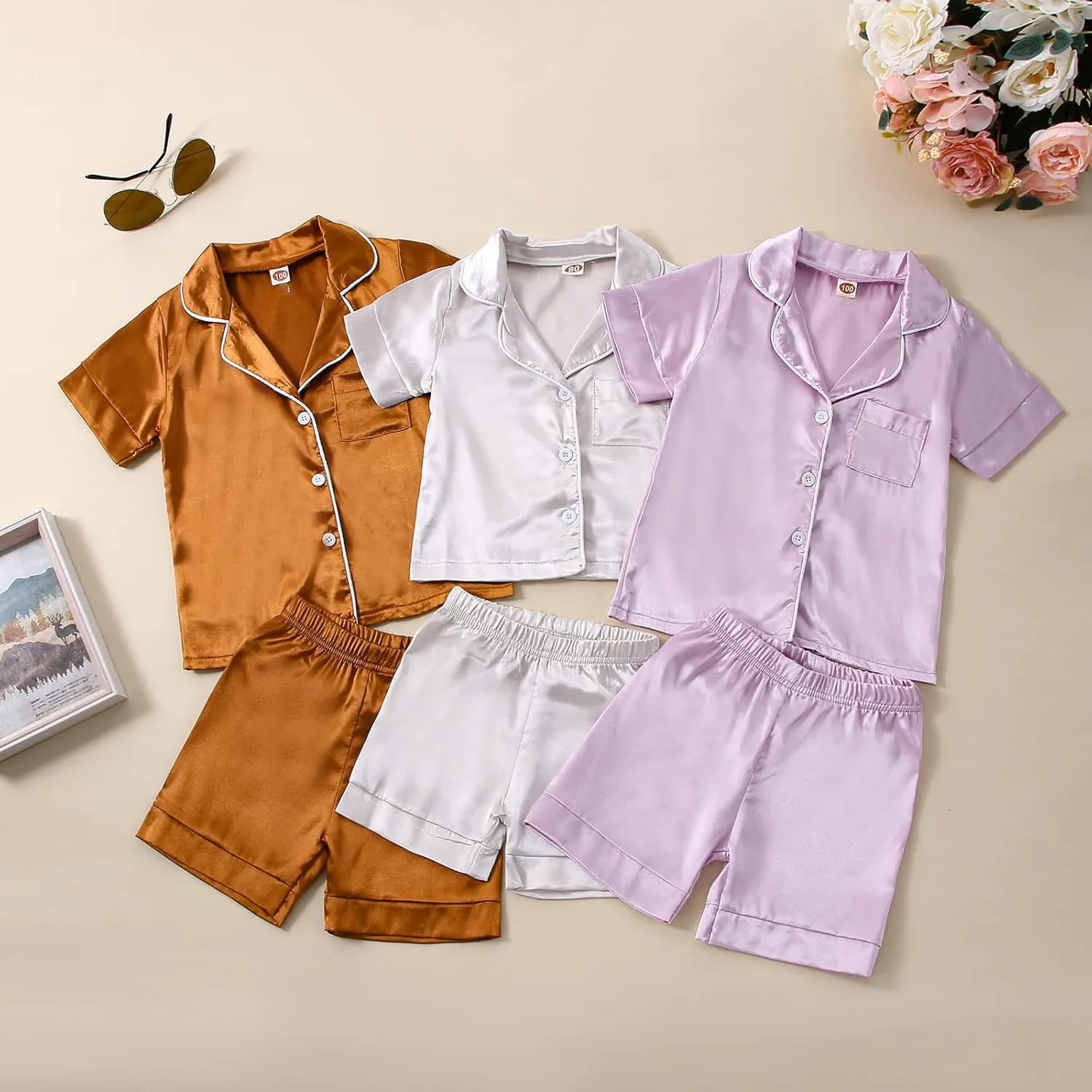 One Opening Boy Girl Baby Satin Toddler Pajamas Button Down Sleep Suit Kids Pjs Set