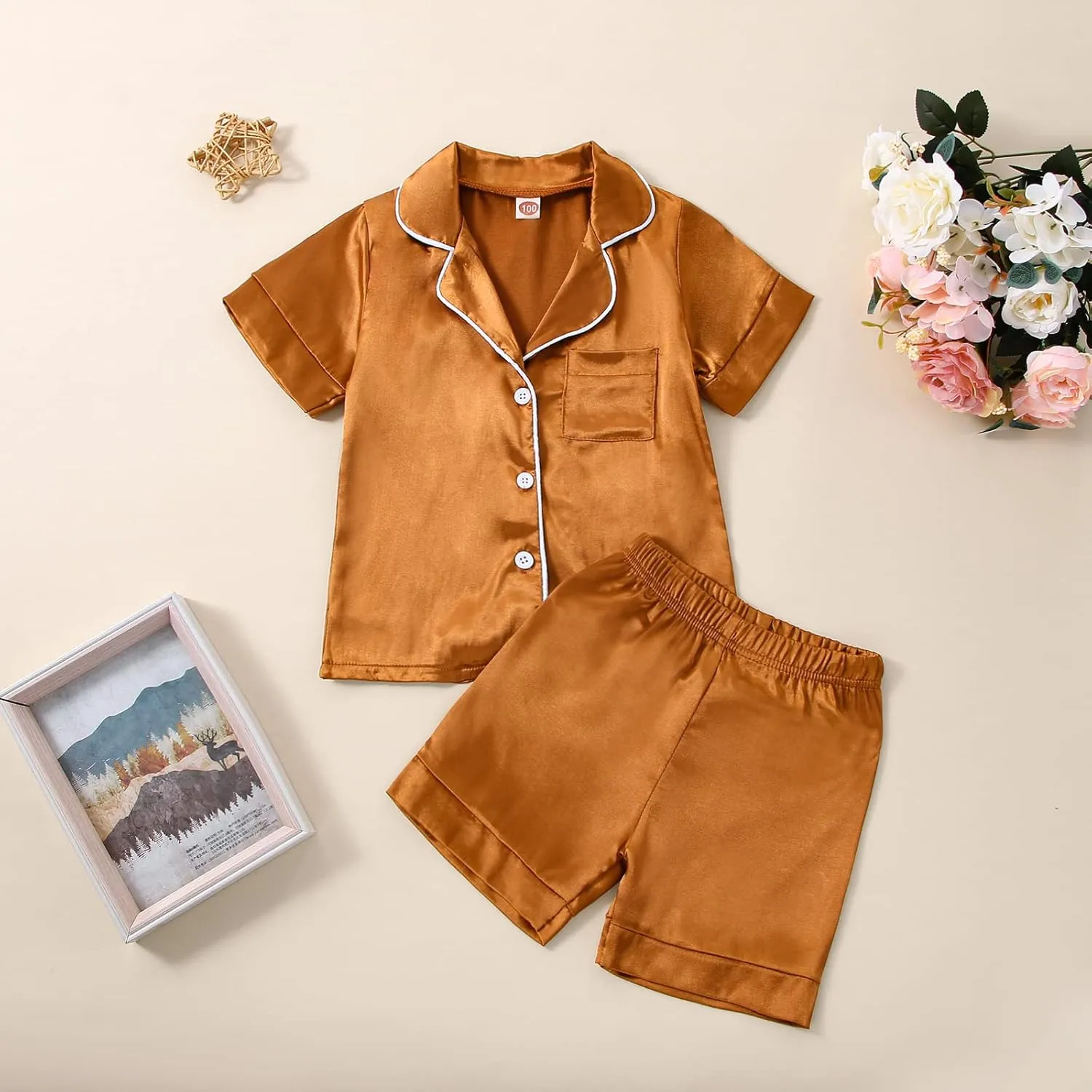 One Opening Boy Girl Baby Satin Toddler Pajamas Button Down Sleep Suit Kids Pjs Set