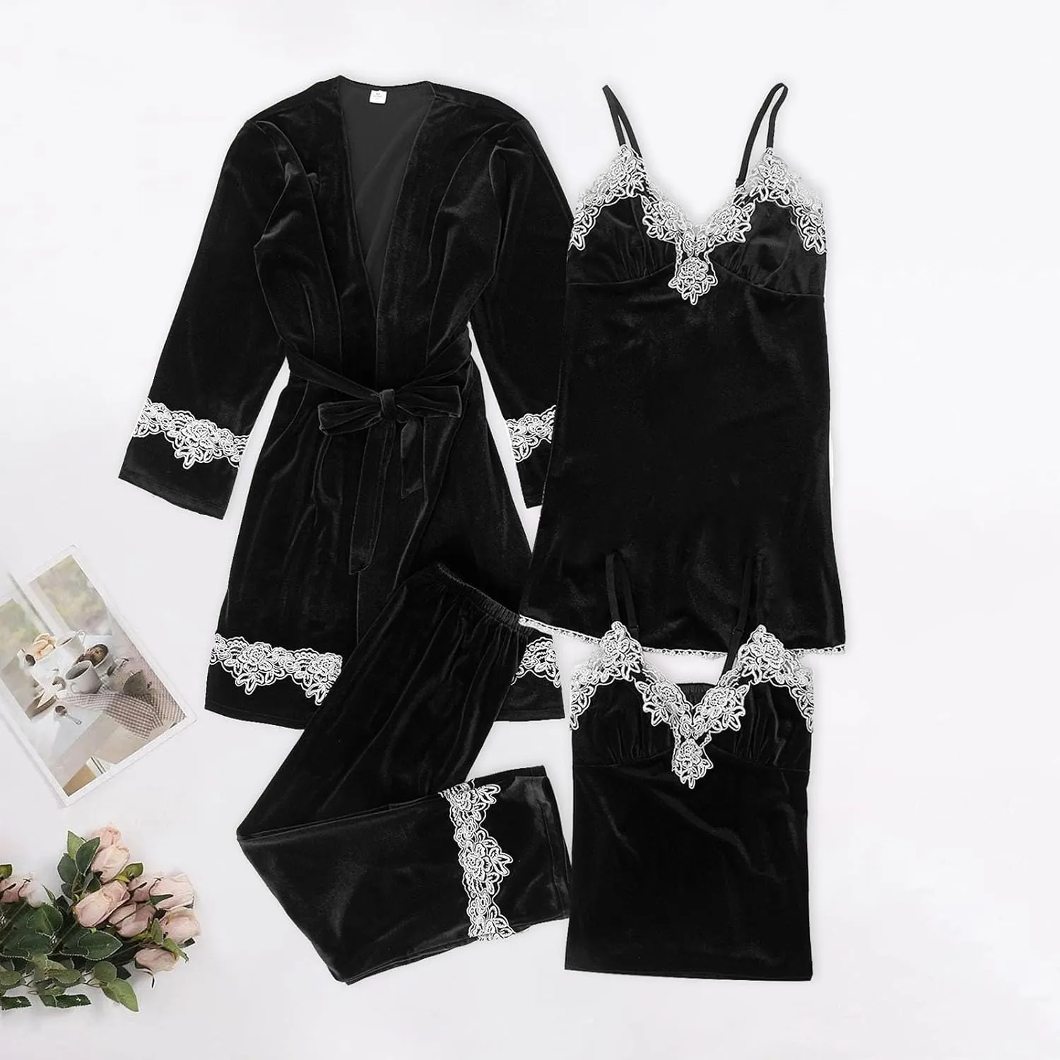 Oplxuo Women's 5 Piece Velvet Pajama Set Lace Trim Nightgown Robe Cami Pants Bride Sleepwear Bridesmaid Nightwear Suits