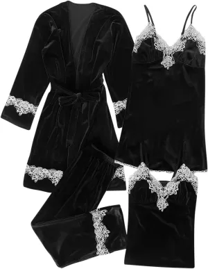 Oplxuo Women's 5 Piece Velvet Pajama Set Lace Trim Nightgown Robe Cami Pants Bride Sleepwear Bridesmaid Nightwear Suits