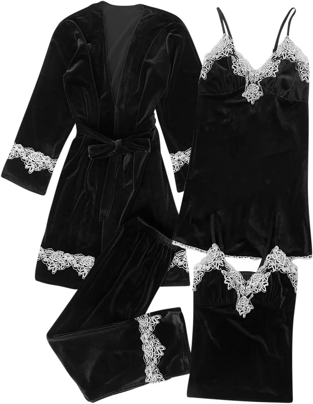 Oplxuo Women's 5 Piece Velvet Pajama Set Lace Trim Nightgown Robe Cami Pants Bride Sleepwear Bridesmaid Nightwear Suits