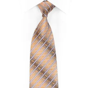 Orange Cartouche Scrolls & Striped On Silver Rhinestone Silk Necktie With Sparkles