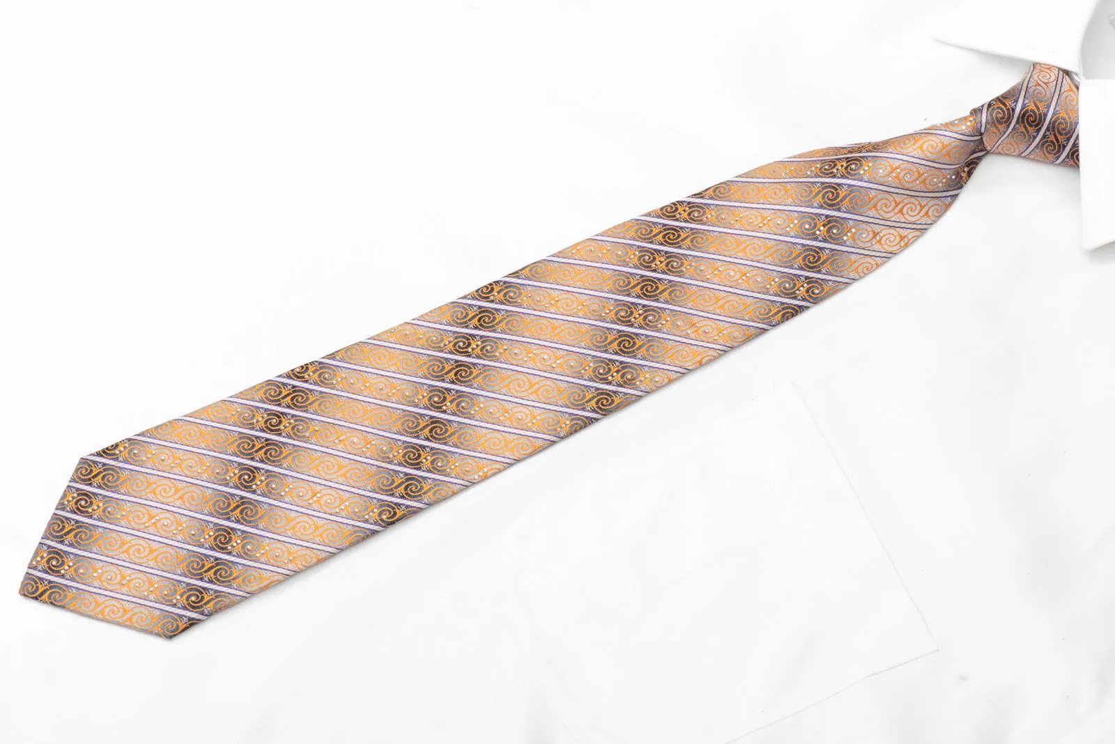 Orange Cartouche Scrolls & Striped On Silver Rhinestone Silk Necktie With Sparkles
