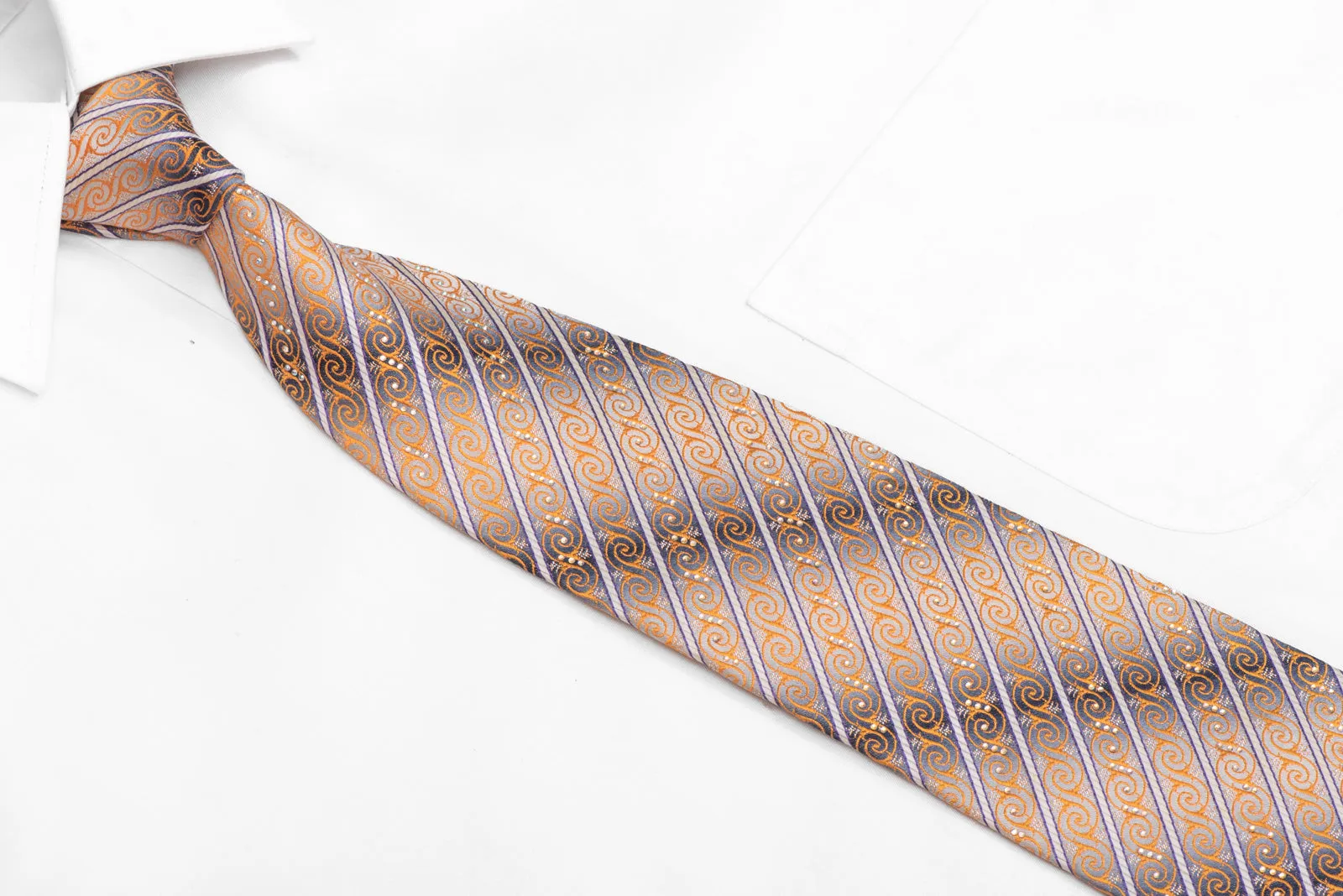 Orange Cartouche Scrolls & Striped On Silver Rhinestone Silk Necktie With Sparkles