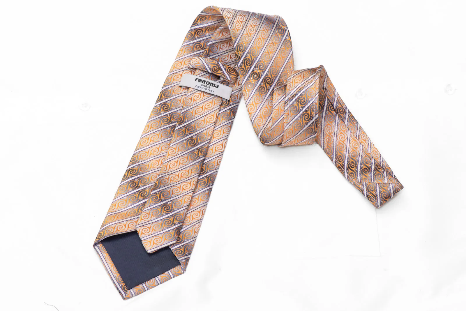 Orange Cartouche Scrolls & Striped On Silver Rhinestone Silk Necktie With Sparkles