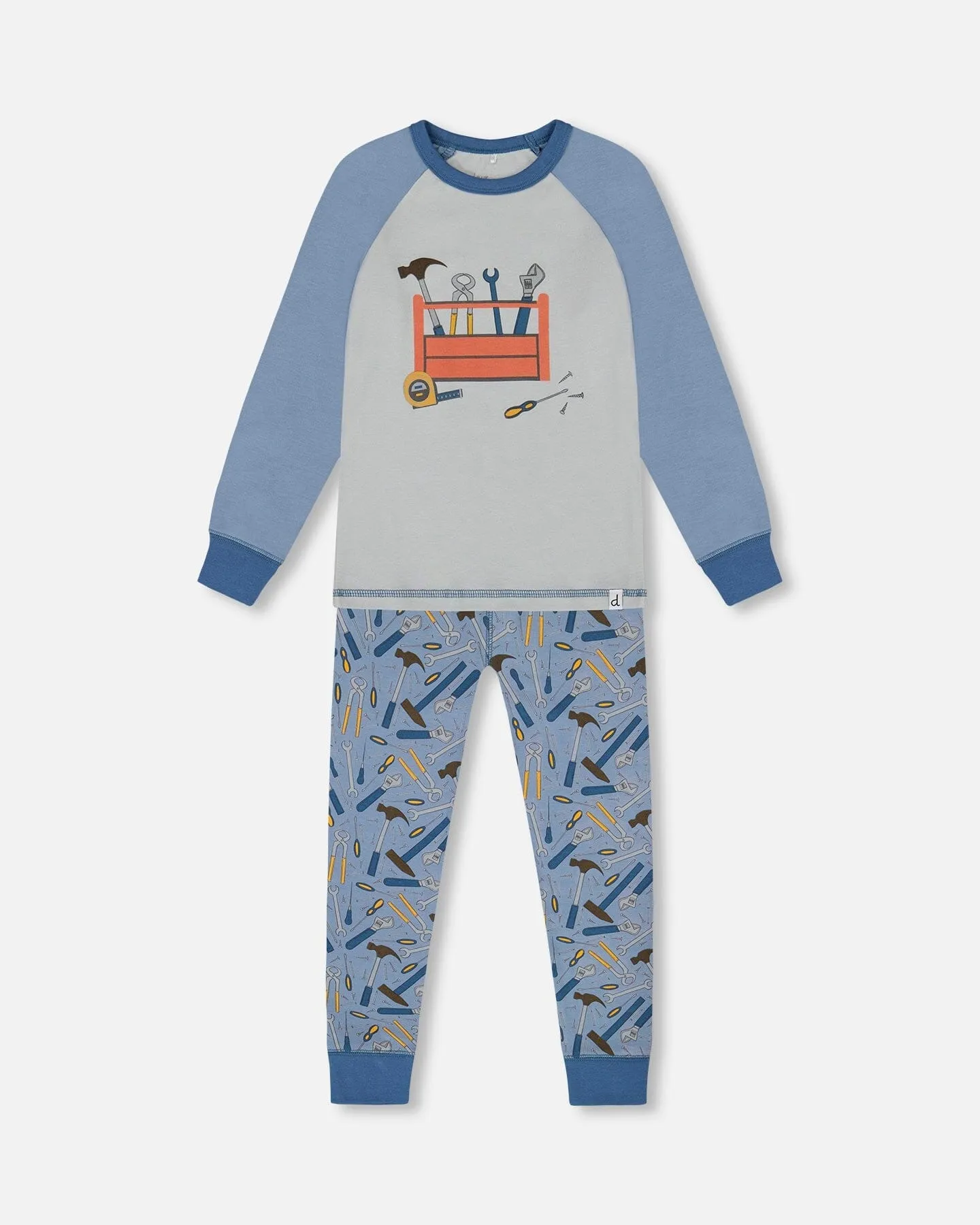 Organic Cotton Long Sleeve Top And Pants Two-Piece Pajama Set Tools On Bluish Gray Background