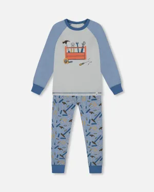 Organic Cotton Long Sleeve Top And Pants Two-Piece Pajama Set Tools On Bluish Gray Background