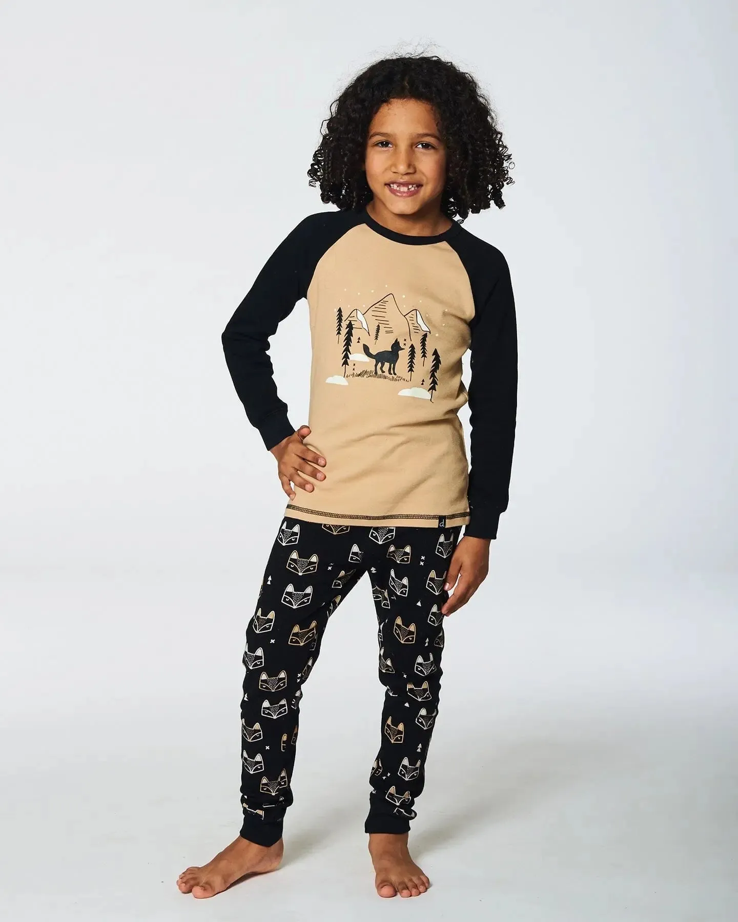Organic Cotton Two Piece Pajama Set Black Printed Fox