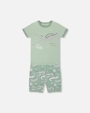 Organic Cotton Two-Piece Short Pajama Set Light Sage And Gray Crocodile