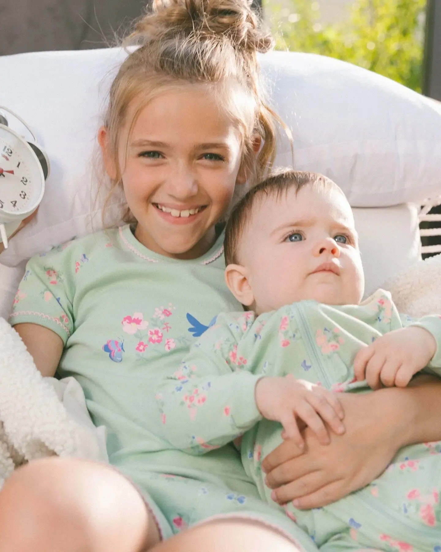 Organic Cotton Two-Piece Short Pajama Set Small Pink And Blue Flowers On Light Sage