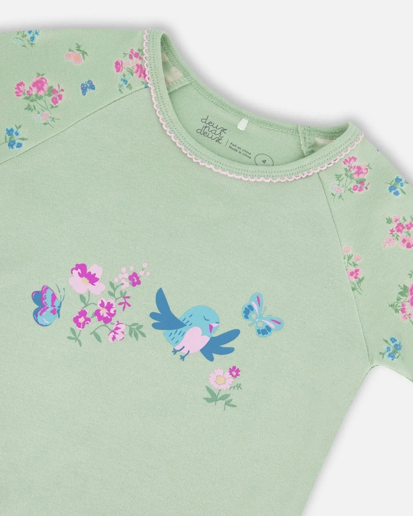 Organic Cotton Two-Piece Short Pajama Set Small Pink And Blue Flowers On Light Sage
