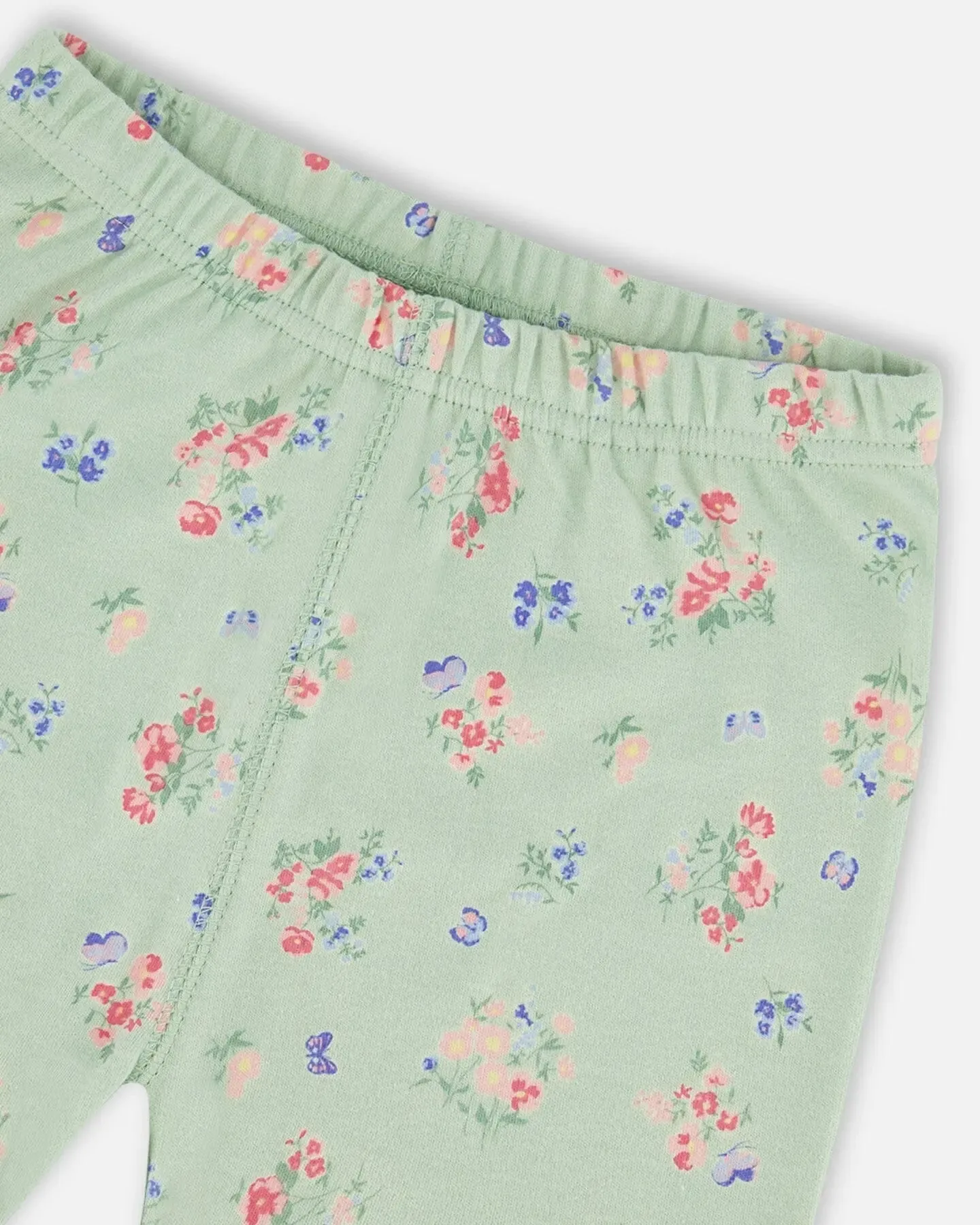 Organic Cotton Two-Piece Short Pajama Set Small Pink And Blue Flowers On Light Sage