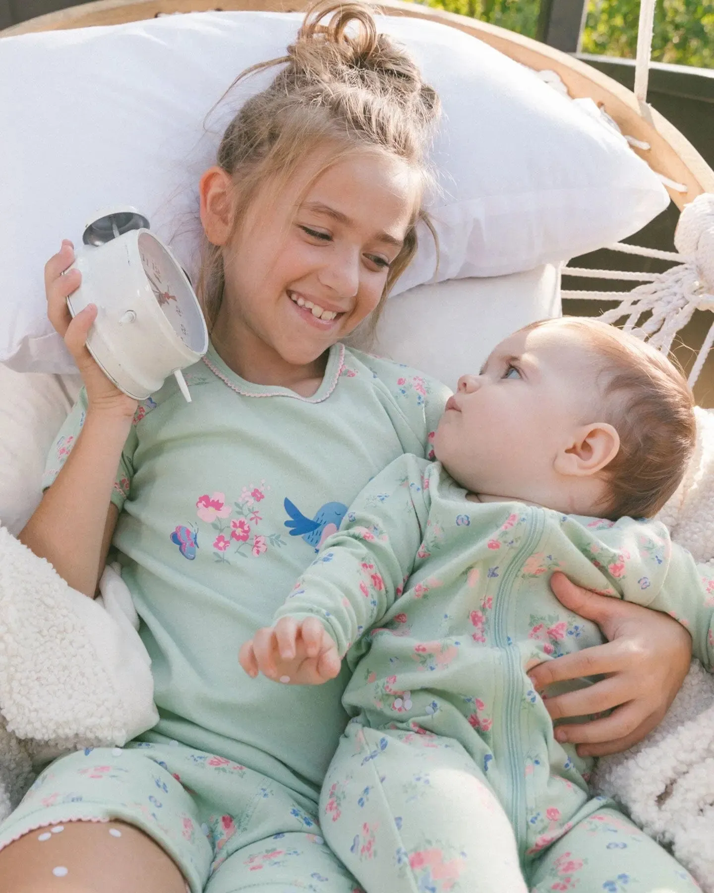 Organic Cotton Two-Piece Short Pajama Set Small Pink And Blue Flowers On Light Sage