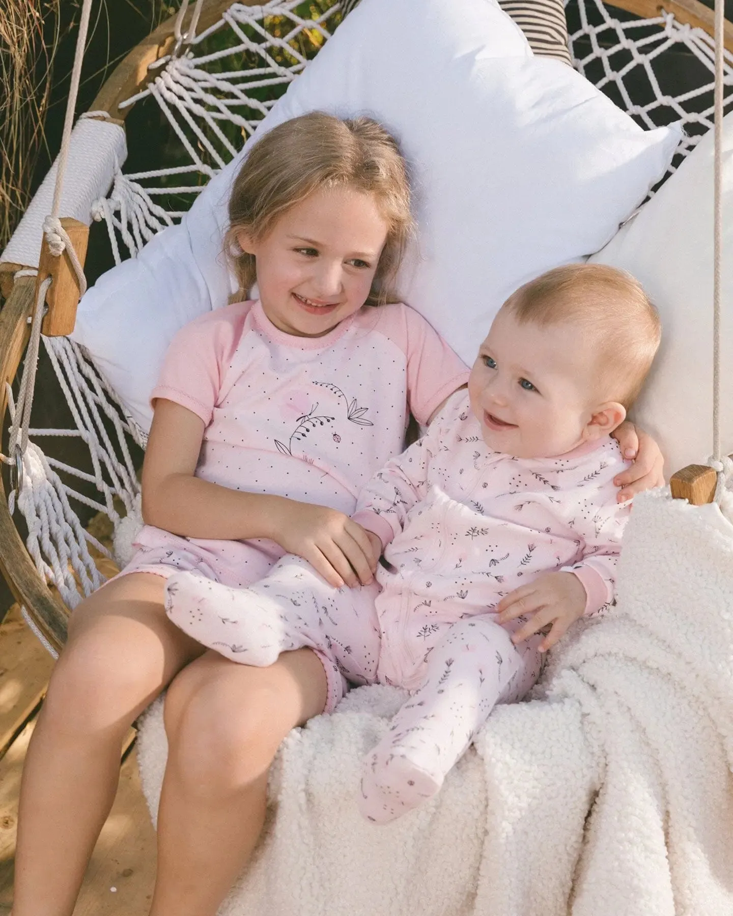 Organic Cotton Two-Piece Short Pajama Set Small Pink Flowers On Pale Pink Background