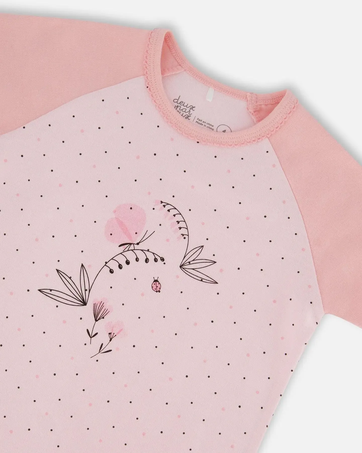 Organic Cotton Two-Piece Short Pajama Set Small Pink Flowers On Pale Pink Background