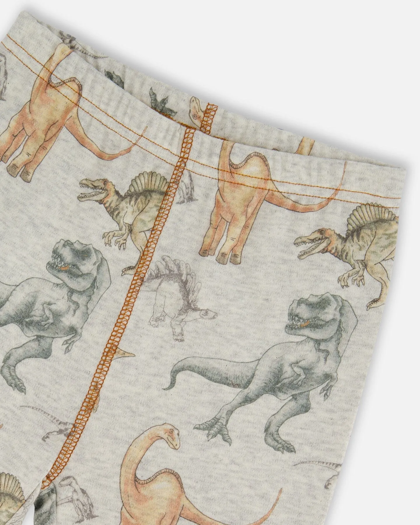 Organic Cotton Two-Piece Short Sleeve Top And Pant Pajama Set Dinosaur On Mottled And Tan Background