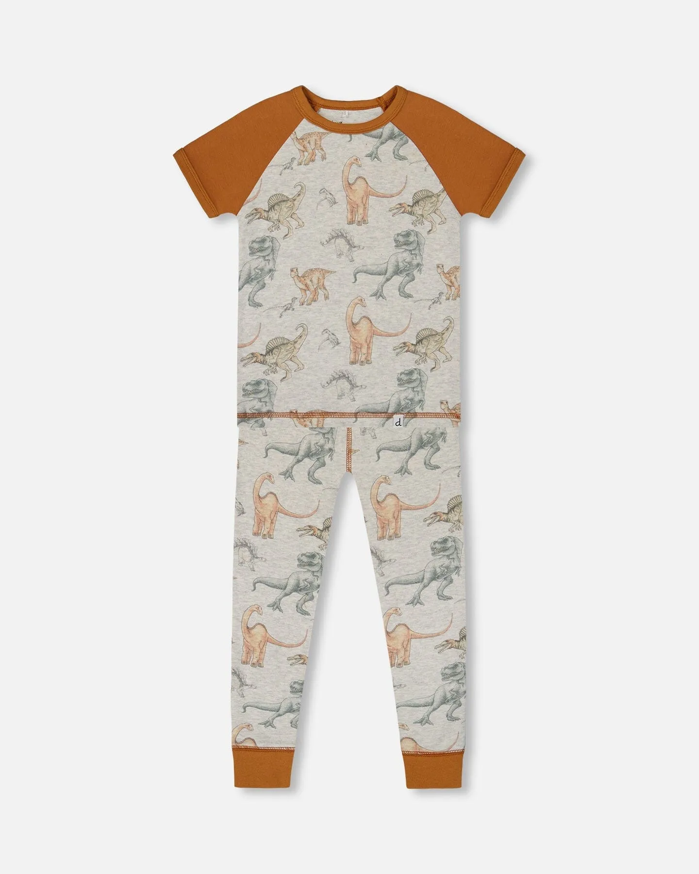 Organic Cotton Two-Piece Short Sleeve Top And Pant Pajama Set Dinosaur On Mottled And Tan Background