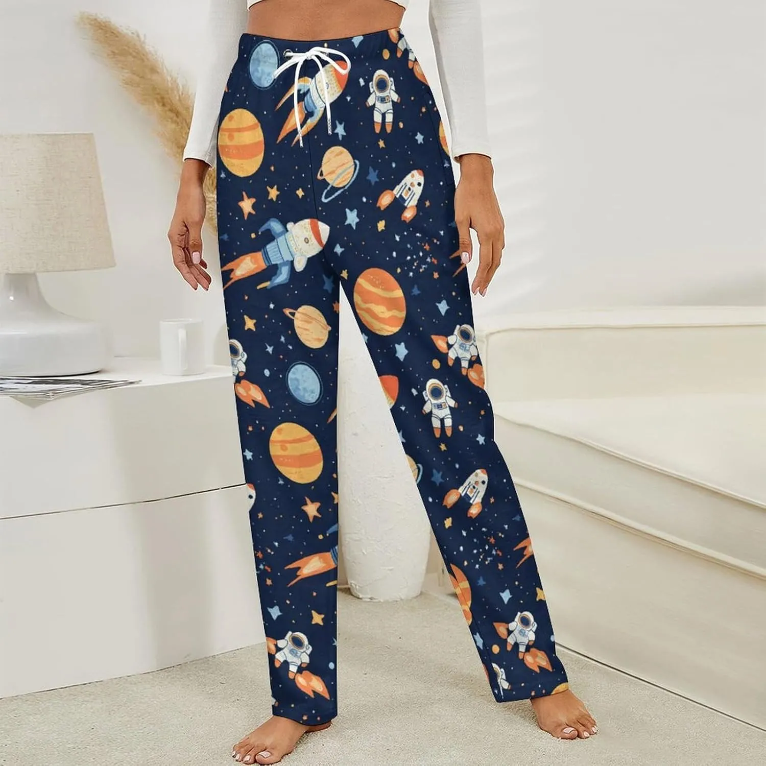 Outer-Space Astronaut Rocket Women's Pajama Pants Fleece Warm Pj Bottoms Sleepwear Lounge Pants Loungewear