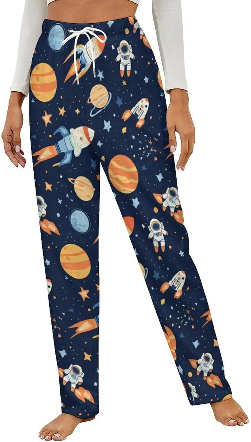 Outer-Space Astronaut Rocket Women's Pajama Pants Fleece Warm Pj Bottoms Sleepwear Lounge Pants Loungewear