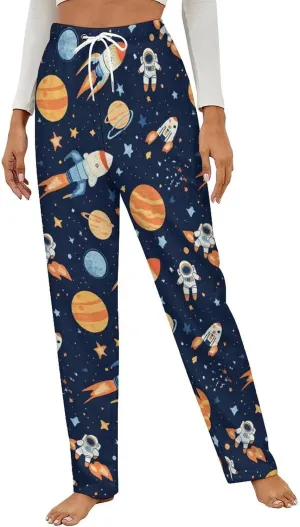 Outer-Space Astronaut Rocket Women's Pajama Pants Fleece Warm Pj Bottoms Sleepwear Lounge Pants Loungewear
