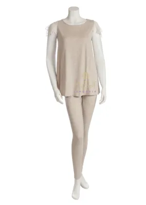 OZ244 Lace Cap Sleeve Oatmeal Modal Pajamas Set