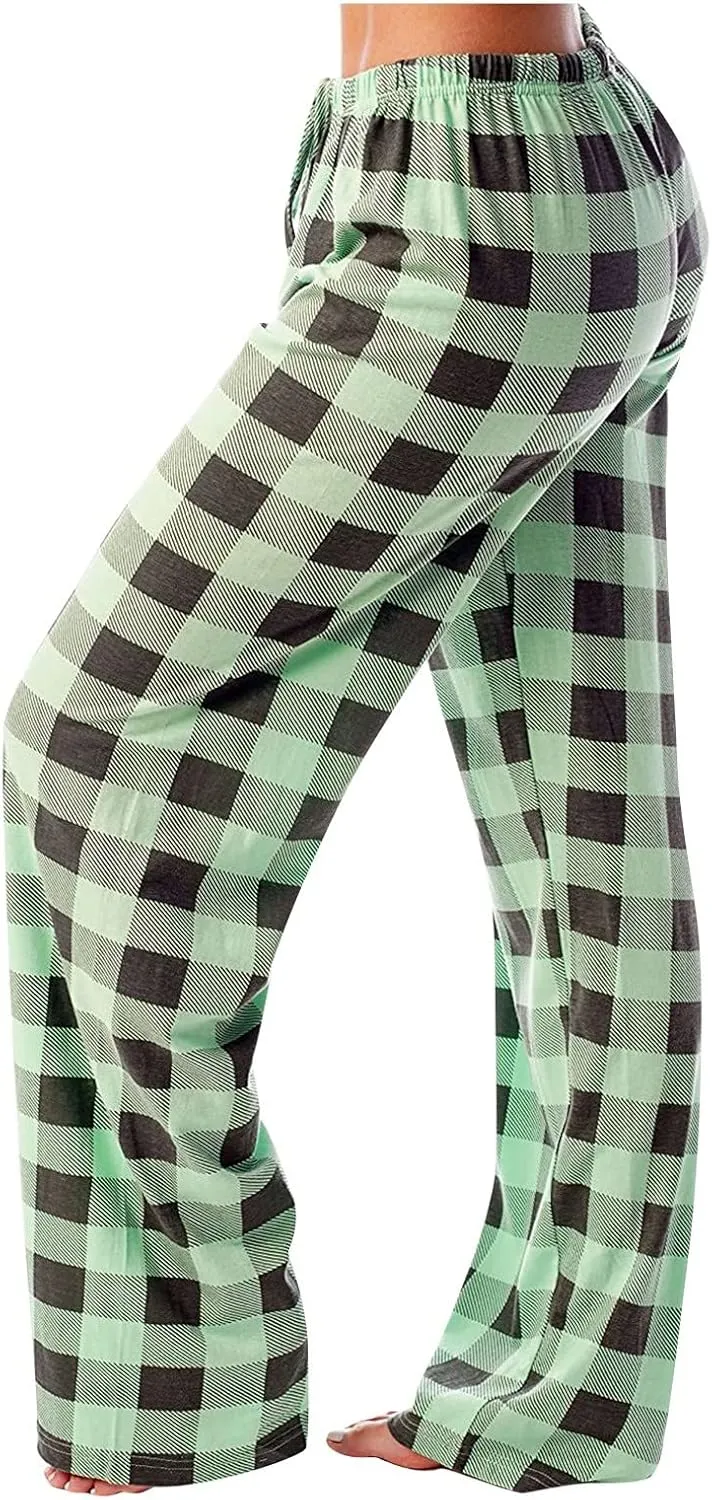 Pajama Pants Women Soft Drawstring Plaid Wide Leg Lounge Pants Comfy Stretchy Lightweight Low Rise Sleep Pants