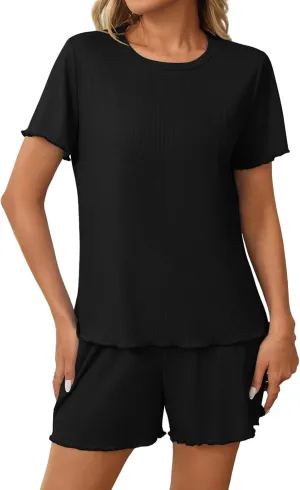 Pajama Sets for Women 2 Piece Shorts Short Sleeve Tshirts and Ruffle Shorts Loungewears Lounge Pajamas Sets