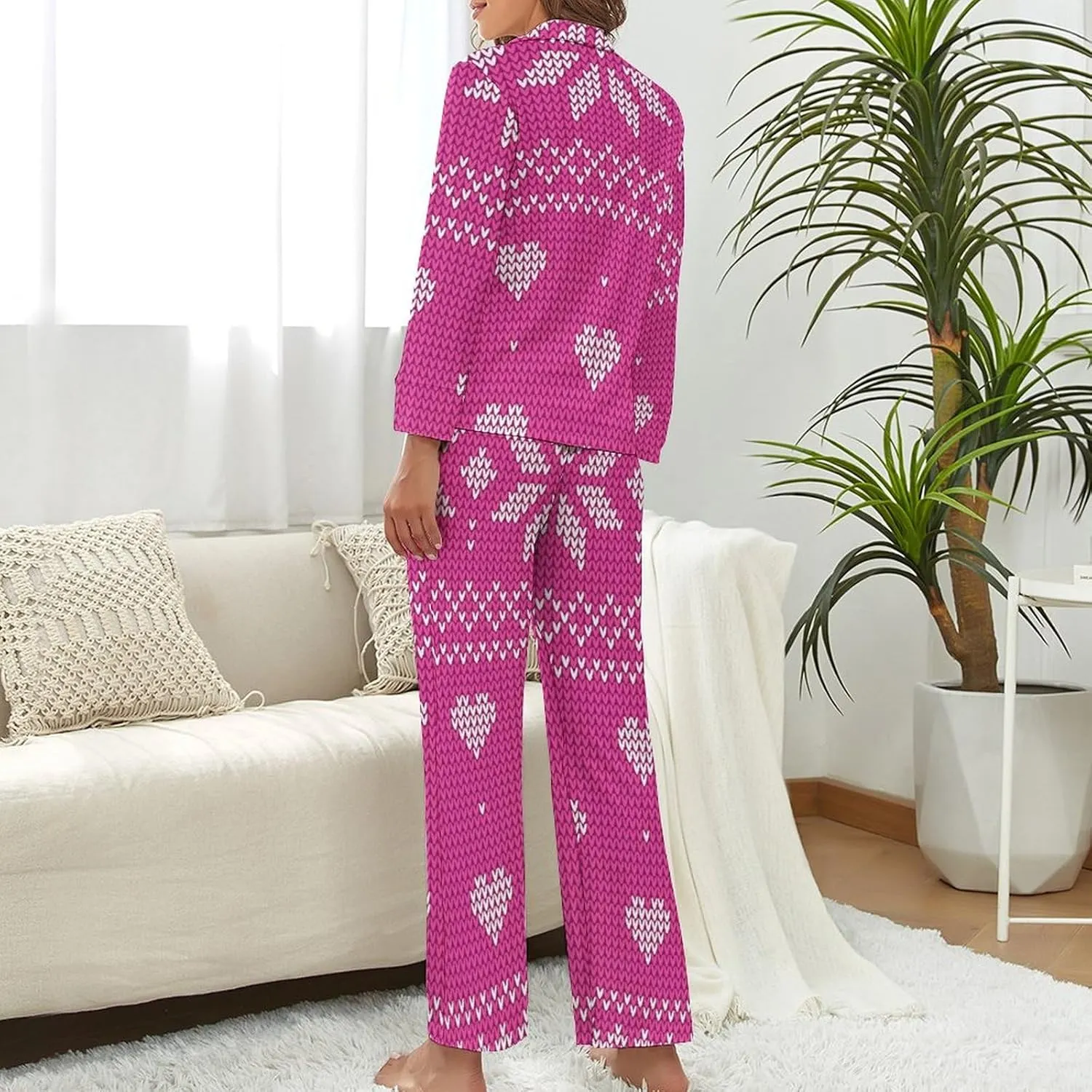 Pajama Sets for Womens Christmas Santa Pink Loose Button Down Long Sleeve Shirts And Pants Set