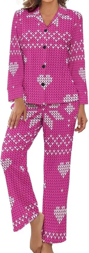 Pajama Sets for Womens Christmas Santa Pink Loose Button Down Long Sleeve Shirts And Pants Set