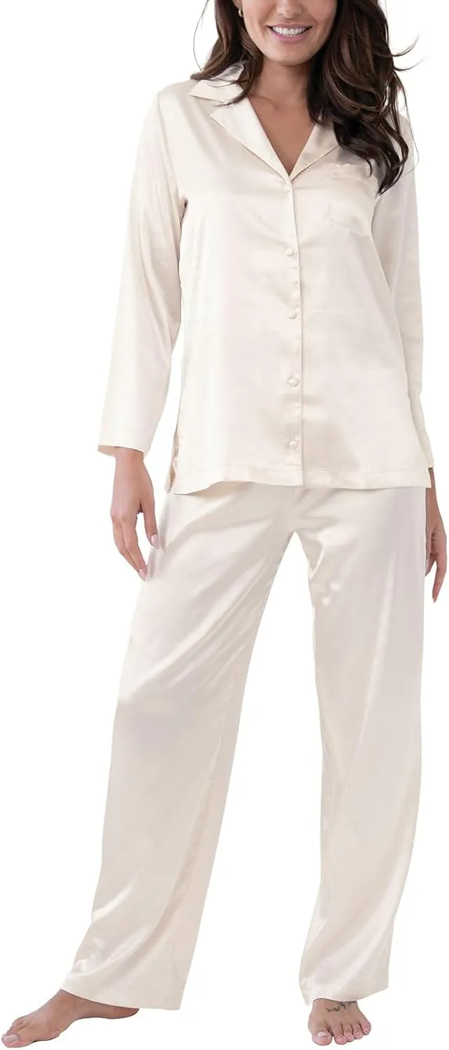 PajamaGram Women's Smooth Seduction Satin Button Front Pajama Set