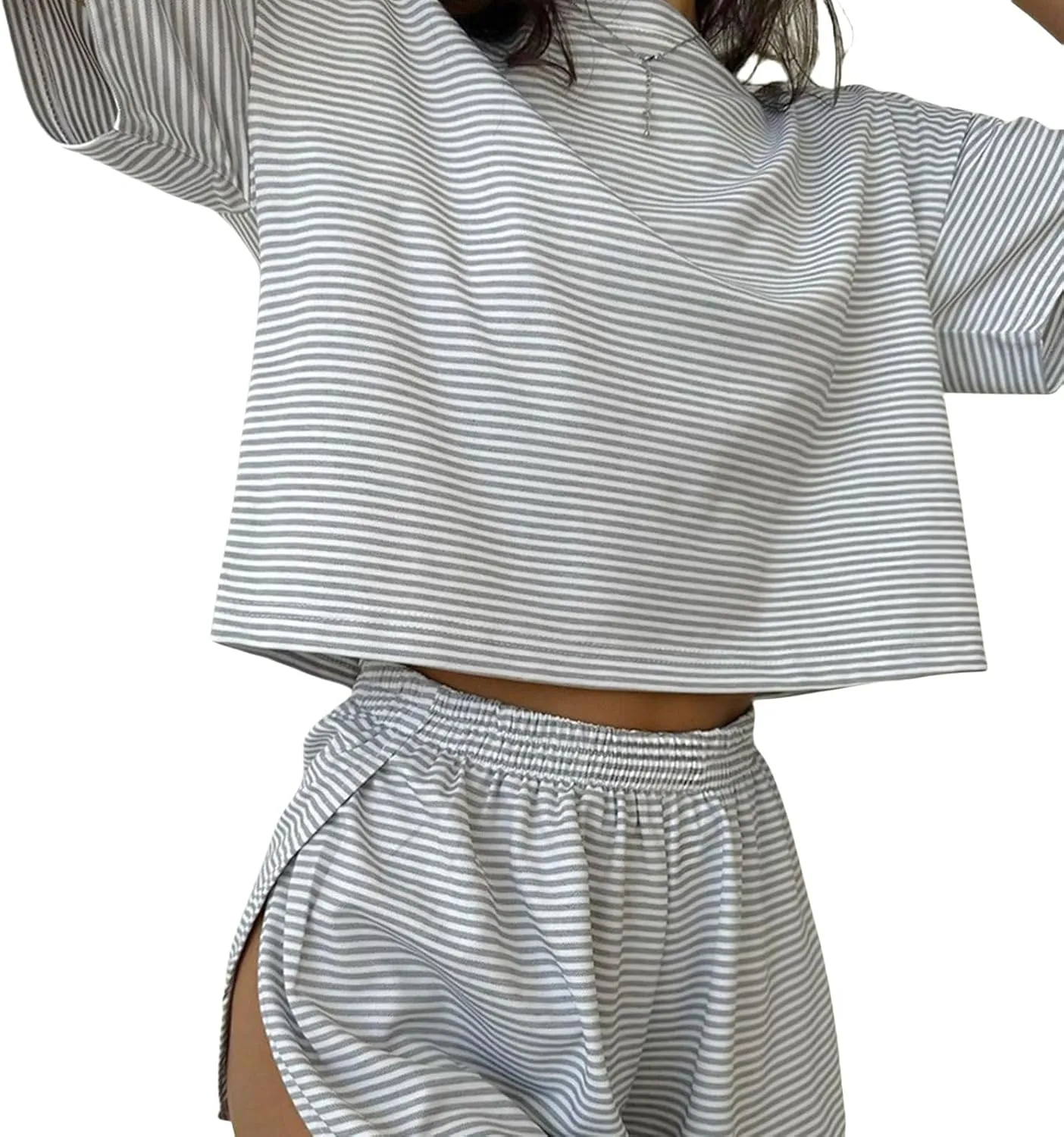 Pajamas for Women Set 2 Piece Set Loungewear Outfit Short Sleeve Tops Elastic Shorts Set Summer Lounge Outfit 2025
