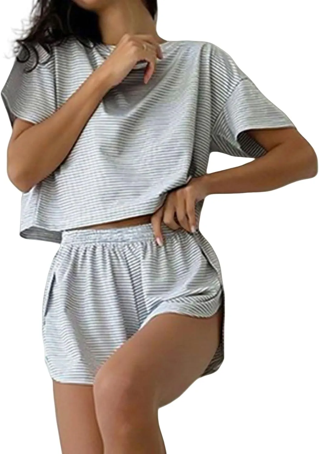 Pajamas for Women Set 2 Piece Set Loungewear Outfit Short Sleeve Tops Elastic Shorts Set Summer Lounge Outfit 2025