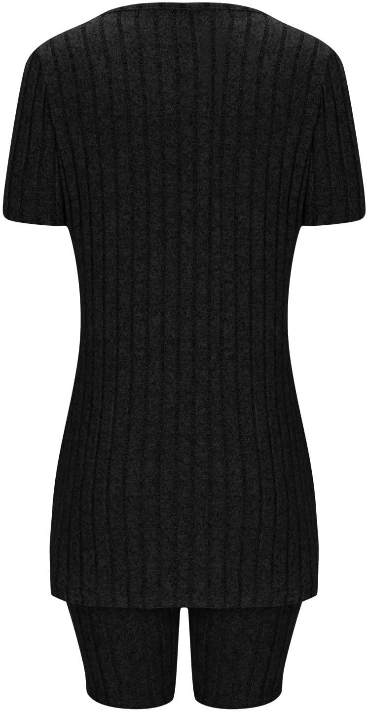 Pajamas for Women Set Shorts Crewneck Short Sleeve Side Split Tops Ribbed Knit 2pc Loungewear Comfy Soft Lounge Sets