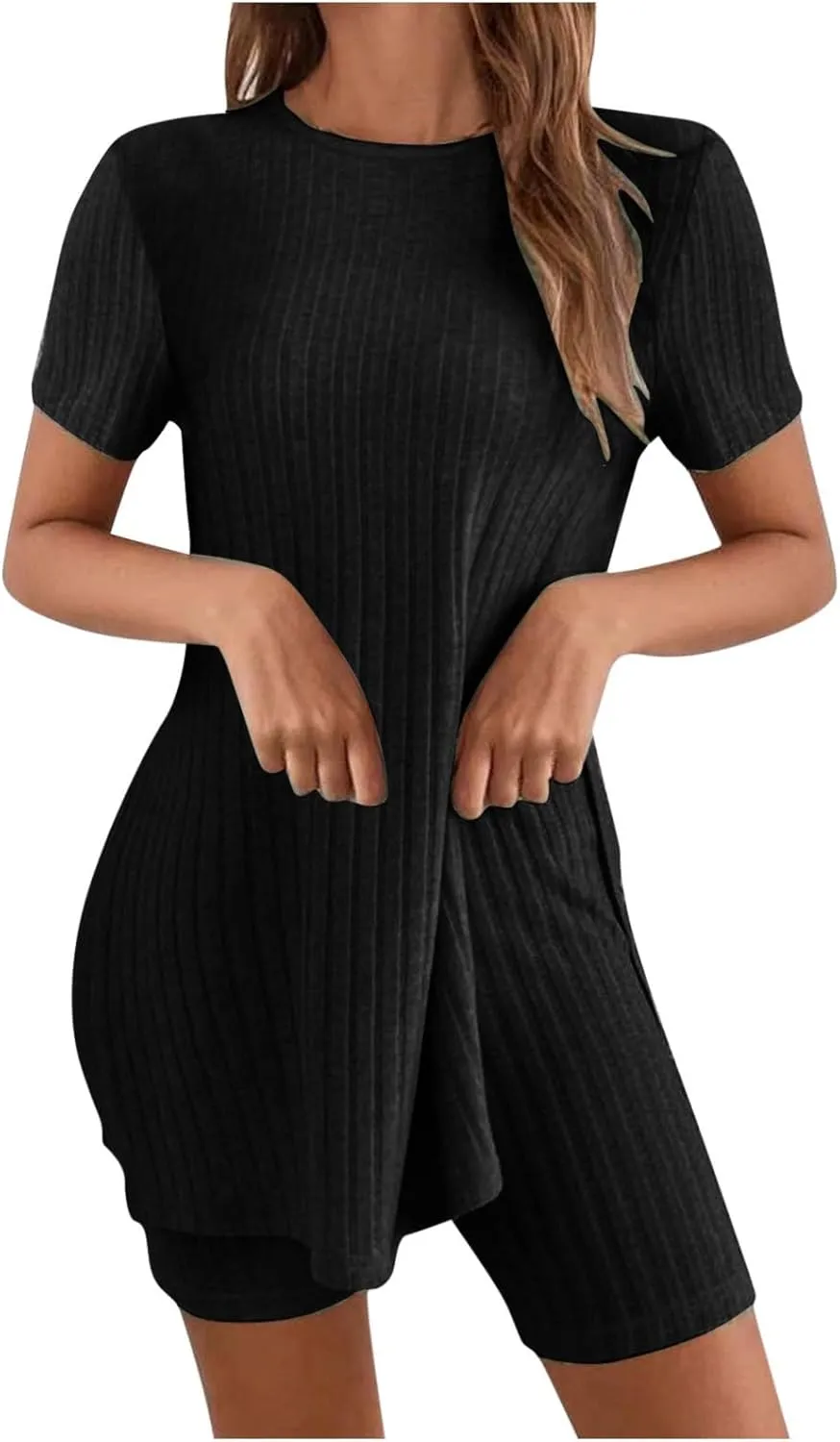 Pajamas for Women Set Shorts Crewneck Short Sleeve Side Split Tops Ribbed Knit 2pc Loungewear Comfy Soft Lounge Sets