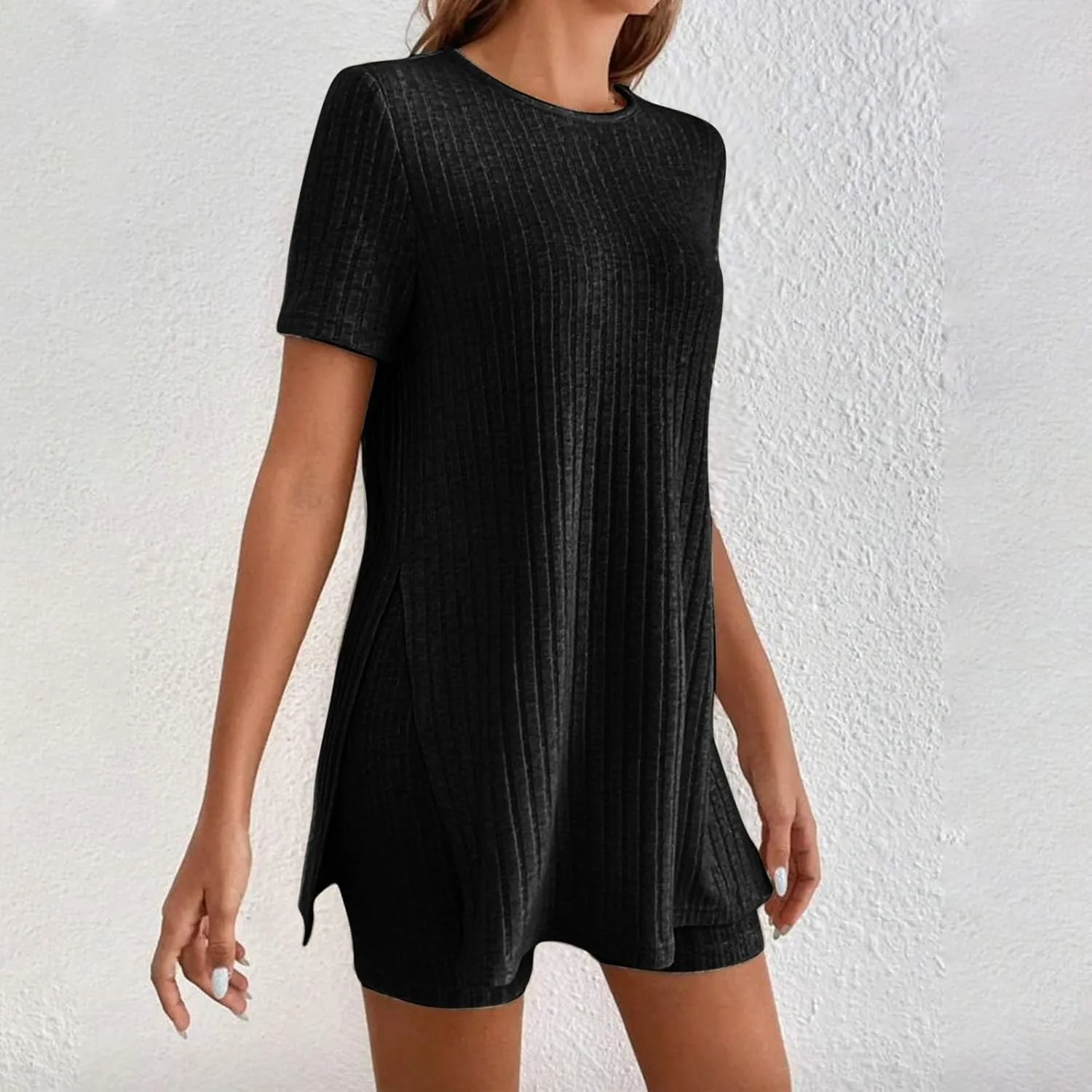Pajamas for Women Set Shorts Crewneck Short Sleeve Side Split Tops Ribbed Knit 2pc Loungewear Comfy Soft Lounge Sets