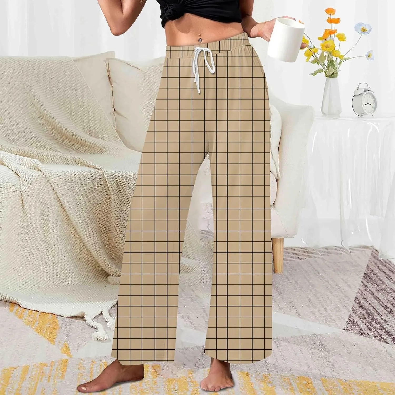 Pajamas Pants for Women Plaid Pants Wide Leg Comfy Loose Casual Stretchy Drawstring Sleep Bottom with Pockets