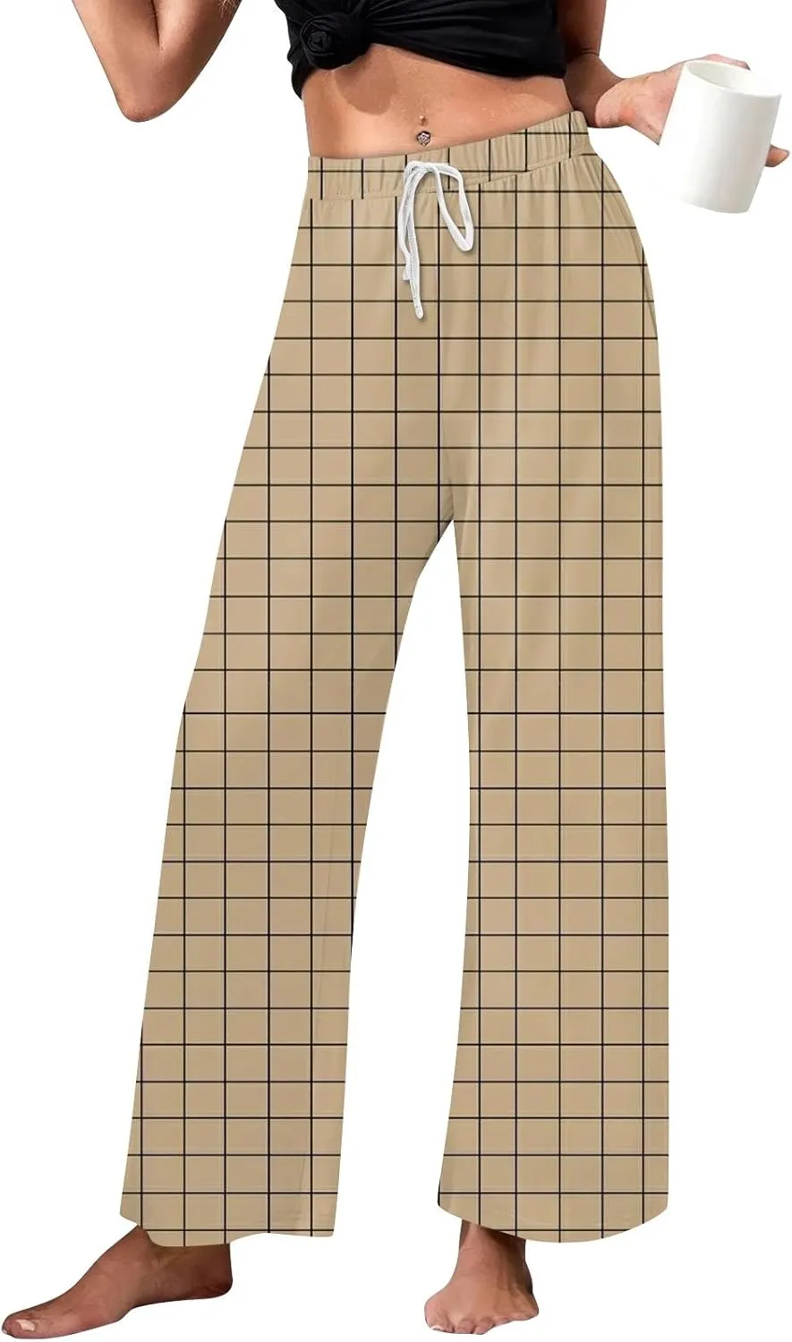 Pajamas Pants for Women Plaid Pants Wide Leg Comfy Loose Casual Stretchy Drawstring Sleep Bottom with Pockets