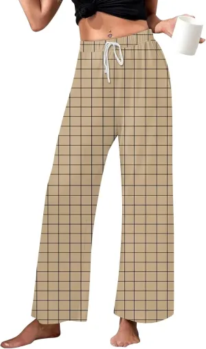 Pajamas Pants for Women Plaid Pants Wide Leg Comfy Loose Casual Stretchy Drawstring Sleep Bottom with Pockets