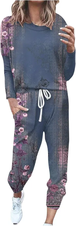 Pajamas Set for Women Women's Solid Color Casual Two Trouser Suit with Small Feet Round Neck 2-Piece Lounge